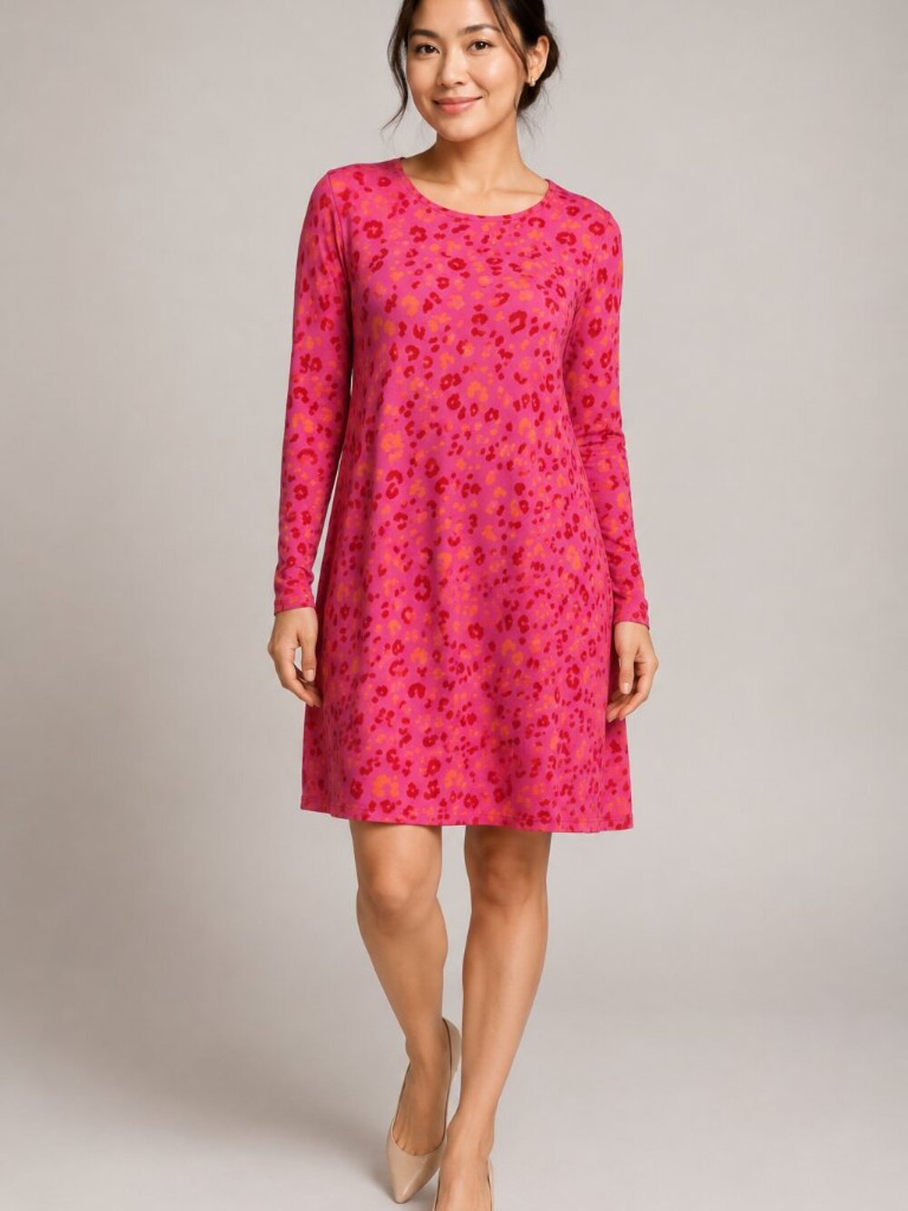 Acting Pro Pink Leopard Print Long Sleeve Swing Tunic Dress Size S
